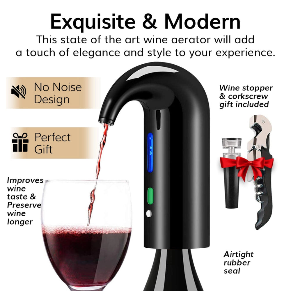 Wine aerator with wine being poured, accompanied by a wine stopper and corkscrew, on a white background.