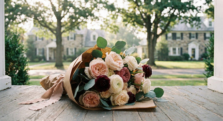 A lush bouquet of fresh roses and eucalyptus wrapped in kraft paper rests on a sunlit suburban doorstep in a peaceful Pennsylvania neighborhood.