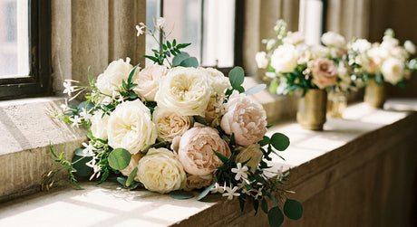 A lush bridal bouquet of white roses and blush peonies resting on a sunlit stone windowsill with soft floral arrangements in the background.