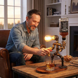 Man pouring whiskey from a decorative decanter into a glass on a wooden table.