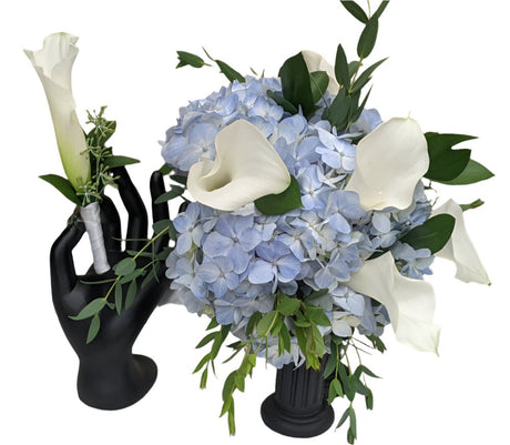 Blue hydrangea and calla lily prom flower package - White