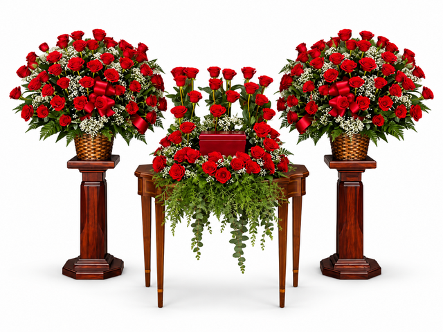 3 piece funeral flower package of red roses for cremation urn