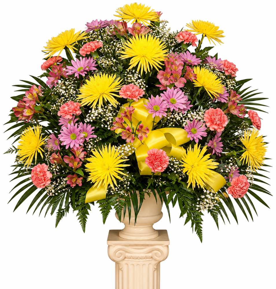 Mixed Flower Funeral Basket of yellow and pink flowers