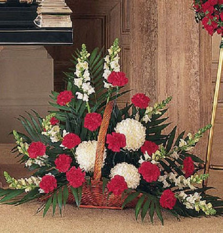 Cherished Moments Fireside Arrangement of red and white flowers