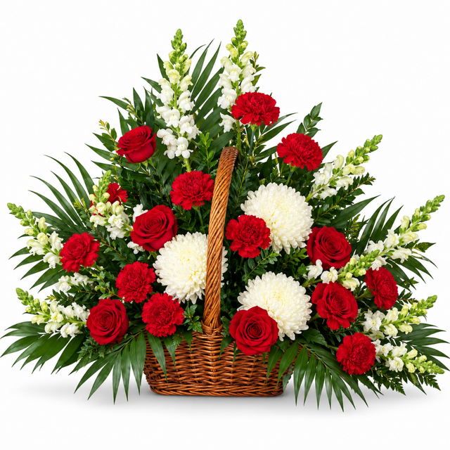 Cherished Moments Fireside Arrangement of red and white flowers