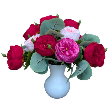 Red and Pink Silk Garden Roses in vase