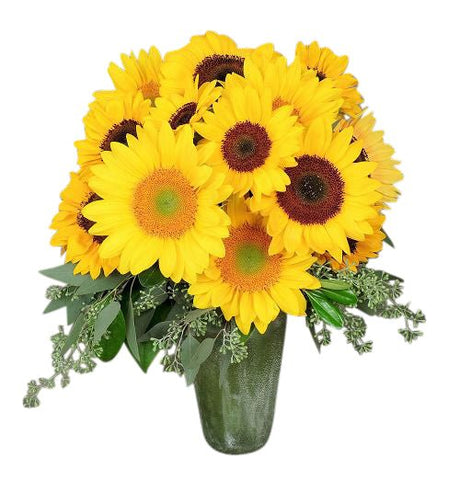 Summer sunflowers arranged in a frosted green vase