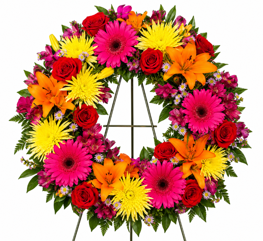 Vibrant garden flower funeral wreath
