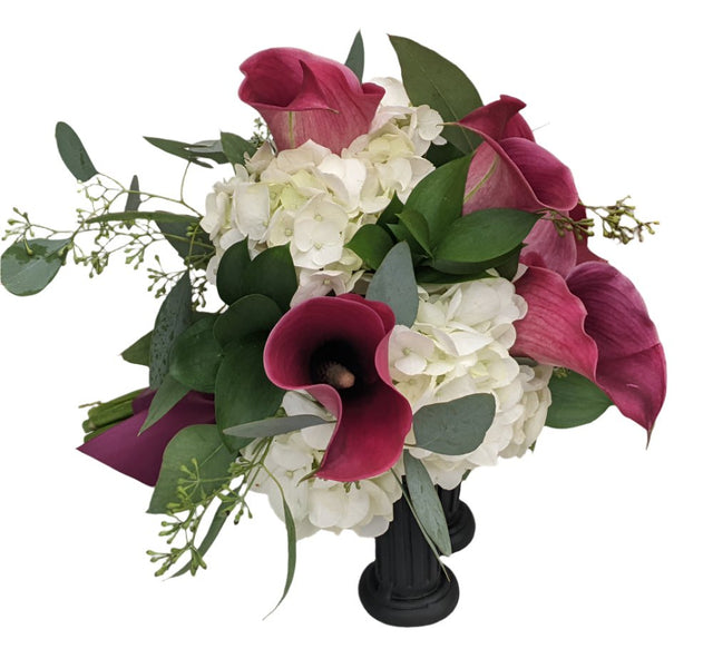 White hydrangea and calla lily clutch bouquet - Lavender