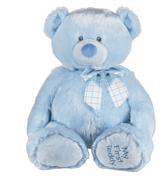 Blue teddy bear with blue bow, my first teddy