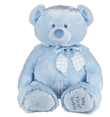Blue teddy bear with blue bow, my first teddy