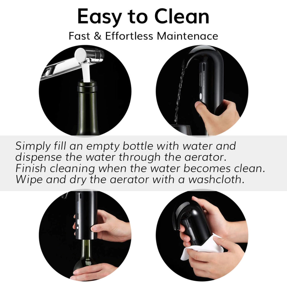 Maintenance guide graphic for an automatic bottle-filling water dispenser, showing four circular close-up photos of hands filling and cleaning an empty bottle with water, with text reading 'Easy to Clean' and 'Fast & Effortless Maintenace.'.