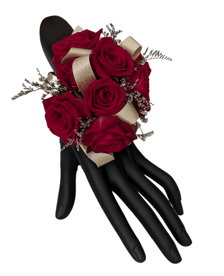 Deluxe red rose corsage with gold ribbon